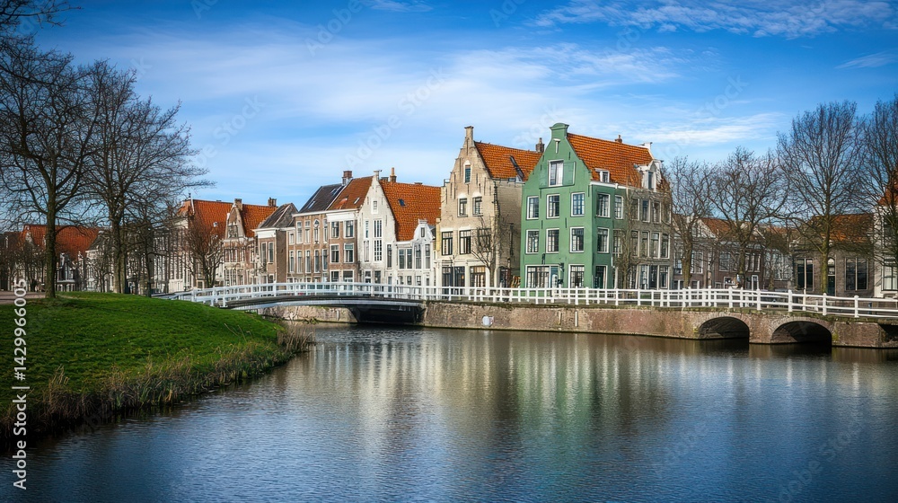 Fototapeta premium Charming historic houses by a canal with bridge in the Netherlands, for travel