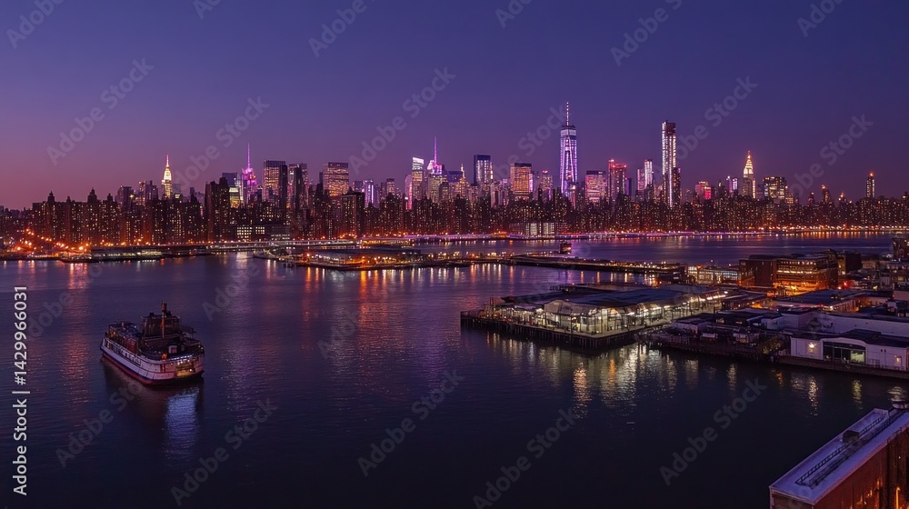 Fototapeta premium New York City skyline at twilight, reflecting on the harbor.