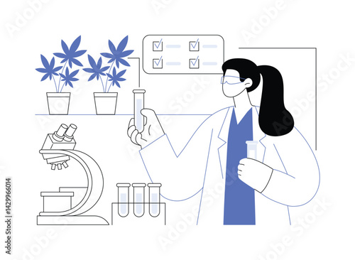 Lab researcher analyzes cannabis plants microscope and test tubes for potential medicinal benefits