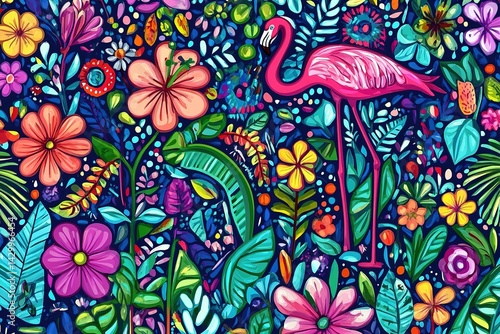 colorful illustration with tropical flowers, leaves, flamingo