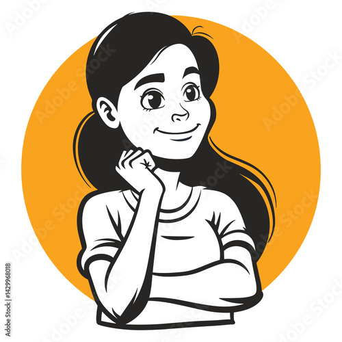 Happy woman with a thoughtful expression, hand on chin, thinking moment