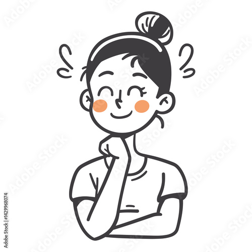 Happy woman with a thoughtful expression, hand on chin, thinking moment