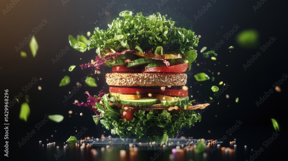 Fototapeta premium Creative floating layered vegetable and cracker snack with fresh greens and tomatoes in midair on dark background, vibrant healthy food concept