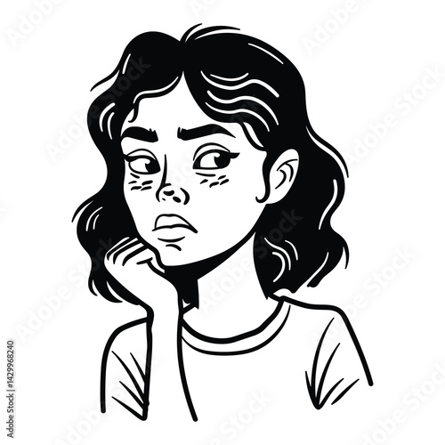 Young woman looking up thoughtfully, pondering, cartoon illustration