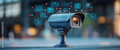 Surveillance camera with digital interface overlay showing connected features