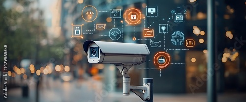 Security camera with connected digital icons, urban background.  Concept city surveillance, data protection