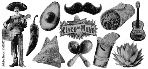 Set of mexican cinco de mayo halftone grunge vector design elements