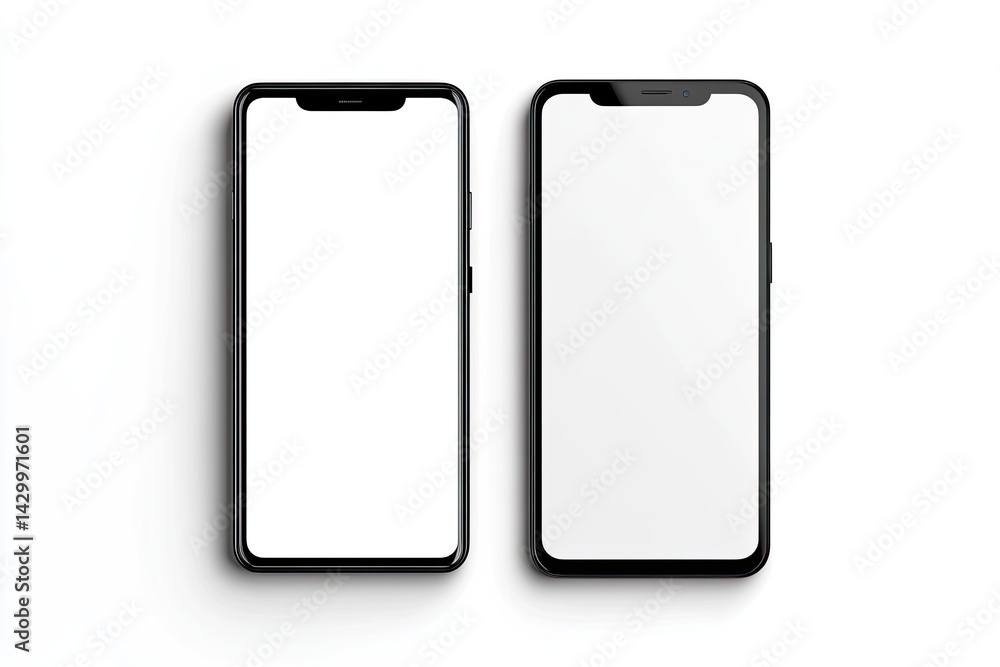 Two black smartphones with blank screens, side-by-side Two black smartphones with blank screens, side-by-side