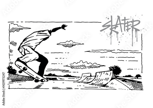 Illustration of a skateboarder doing tricks in a skate park.