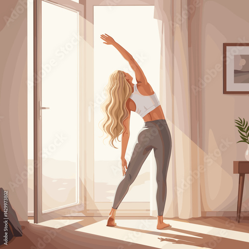 Woman stretching joyfully in a bright home interior  