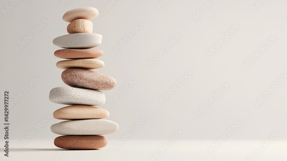 Obraz premium Minimalist stack of smooth, rounded stones arranged vertically on a plain neutral background perfect for meditation relaxation and zen design concepts