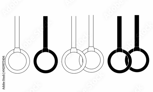 Set of gymnastic rings icons in line, outline,silhouette and solid styles. Simple sport or fitness symbols perfect for logo, app UI, web, or fitness infographic design