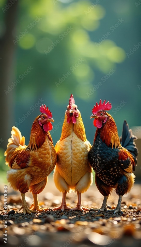 Fototapeta premium Three chickens, shades on, doing a chicken dance , quirky, party