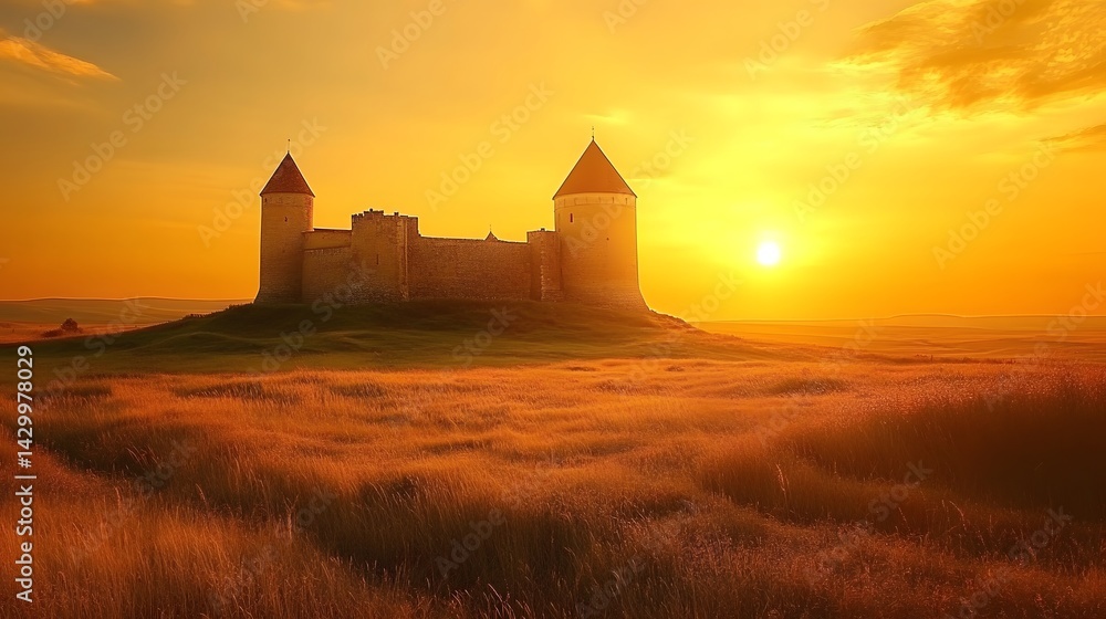 Fototapeta premium Medieval Castle Sunset Golden Hour Landscape