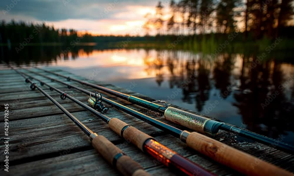 Fishing rods resting on a wooden dock at sunset by a serene lake surrounded by trees