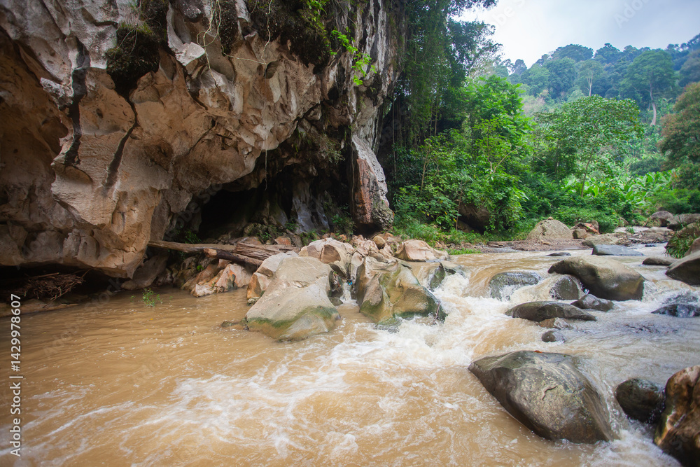 Beautiful view of Sanghyang Poek tourist destination, a natural and geological tourism and sports destination on the Citarum River, in West Bandung Regency, Indonesia.