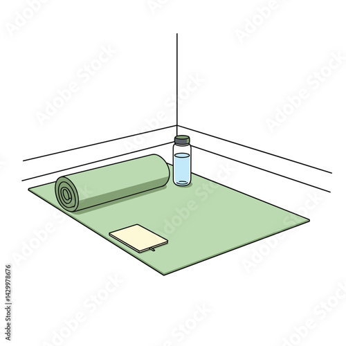 Yoga mat setup with a water bottle and towel in a corner  