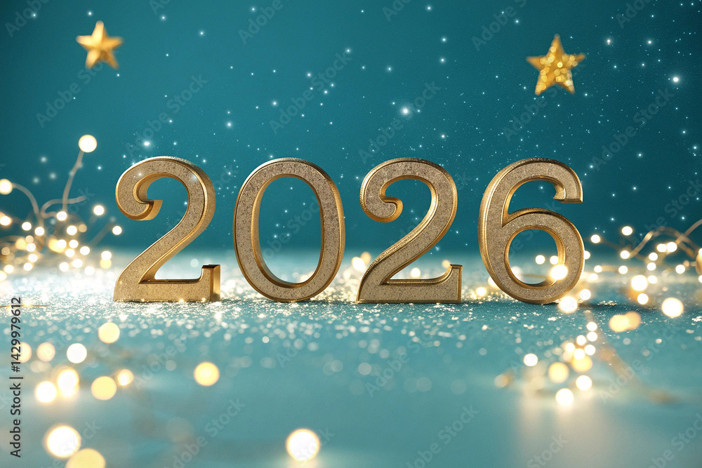 2026 Golden New Year Celebration: Sparkling 3D Numbers on Teal Backdrop 2026 Golden New Year Celebration: Sparkling 3D Numbers on Teal Backdrop