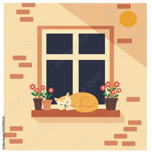 Cute cat sleeping on the windowsill with flower pots in sunlight  