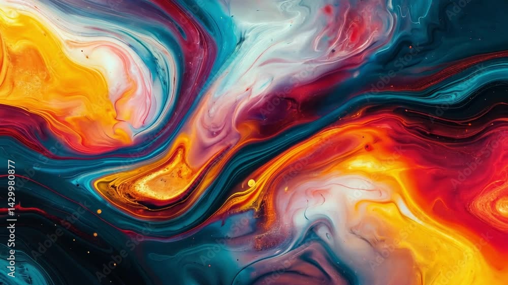 Vibrant Abstract Painting with Fluid Patterns of Orange, Red, Blue, and White, Showcasing Dynamic Colors and Evoking Sense of Movement and Creativity. Vibrant Abstract Painting with Fluid Patterns of Orange, Red, Blue, and White, Showcasing Dynamic Colors and Evoking Sense of Movement and Creativity.