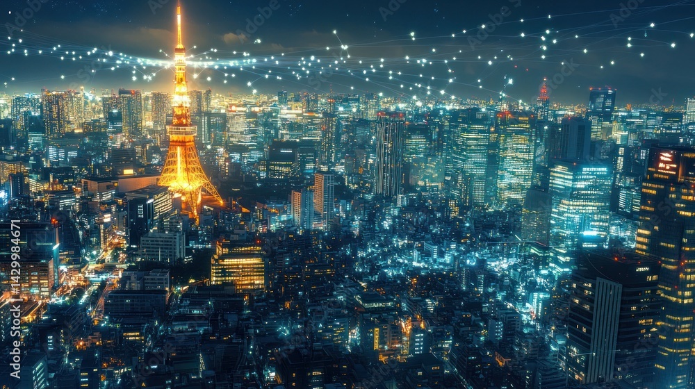 Fototapeta premium Tokyo cityscape at night, data network overlay, urban technology