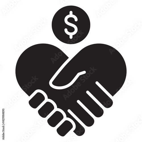 Hand shake in shape of heart love icon. Donation and charity icon. Symbol of fundraising, compassion, philanthropy, giving, care, humanity. Vector illustration.