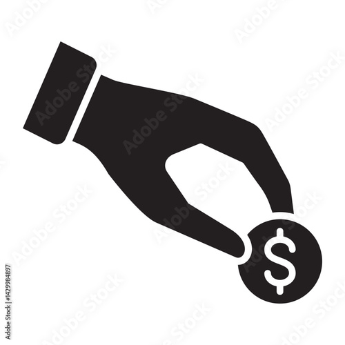 Hand giving money coin icon. Donation and charity icon. Symbol of fundraising, compassion, philanthropy, giving, care, humanity. Vector illustration.