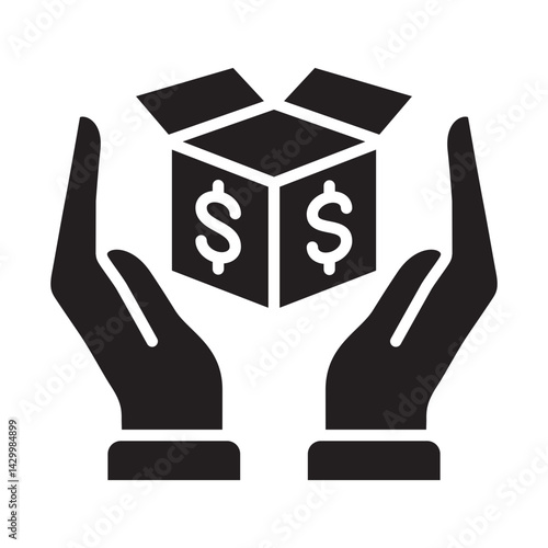 Two hand holding fundraising money box icon. Donation and charity icon. Symbol of fundraising, compassion, philanthropy, giving, care, humanity. Vector illustration.