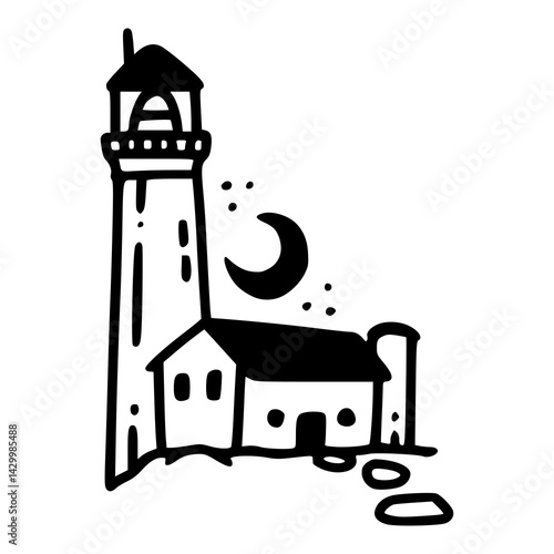 hand-drawn moonlit lighthouse scene 