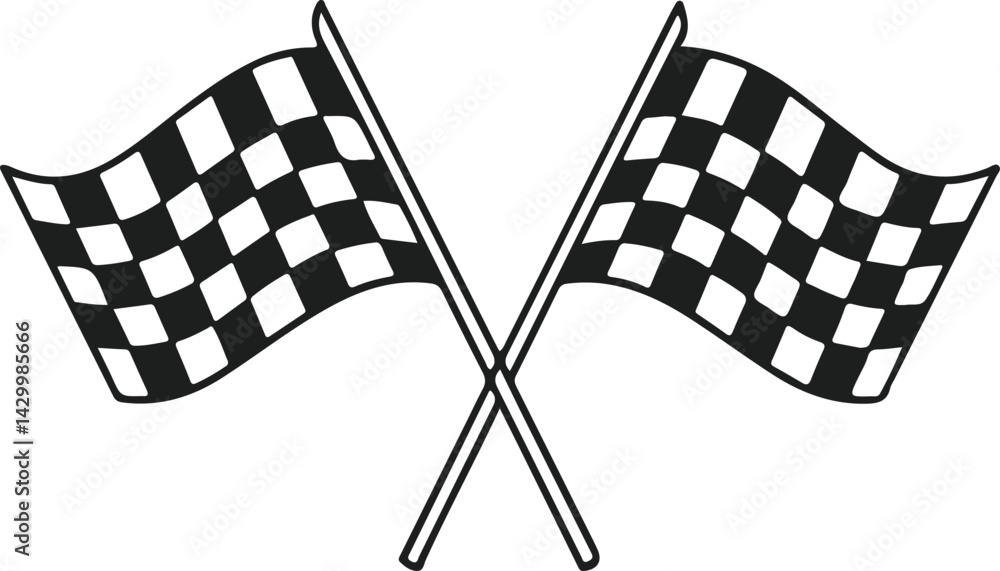 Fototapeta premium Crossed checkered racing flags icon in black and white representing finish line, motorsport, competition, speed, and race victory symbol 