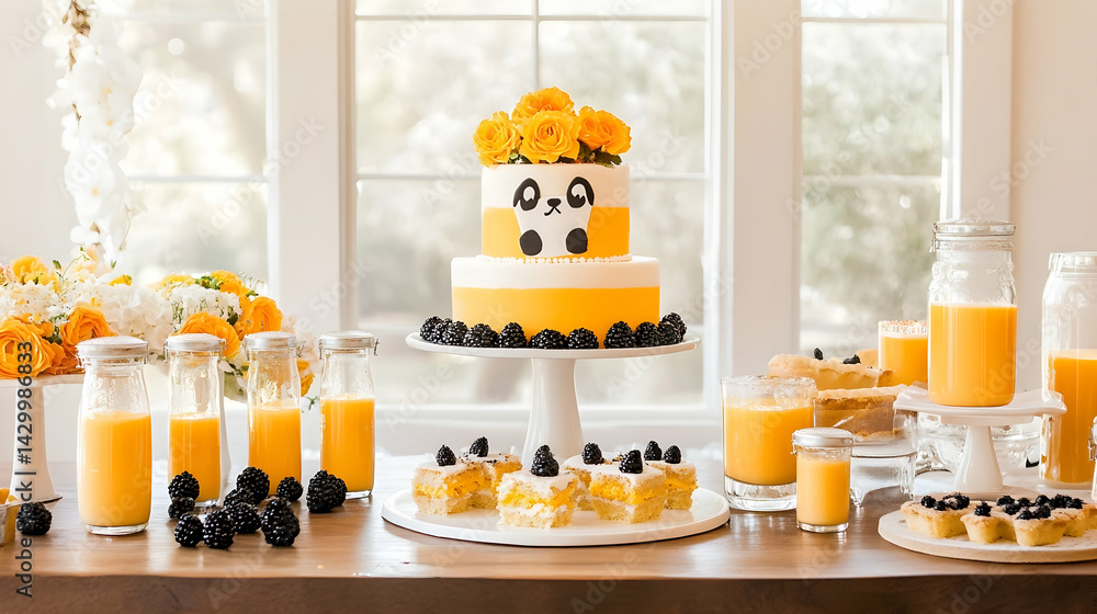 Fototapeta premium Delightful Panda-Themed Dessert Table with Yellow Accents for Celebration