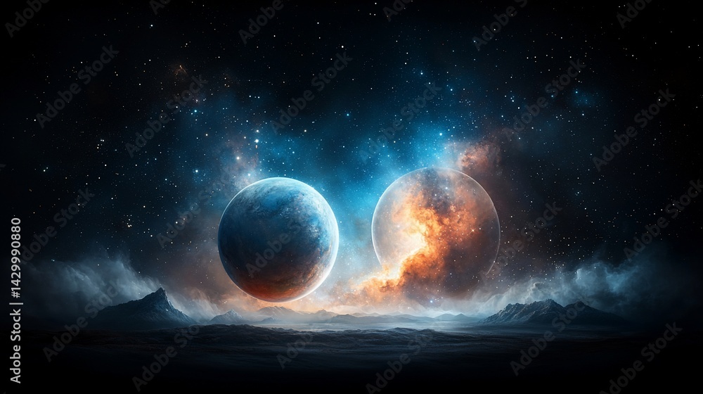 Fototapeta premium Two planets in a vast, starlit galaxy, bathed in ethereal light