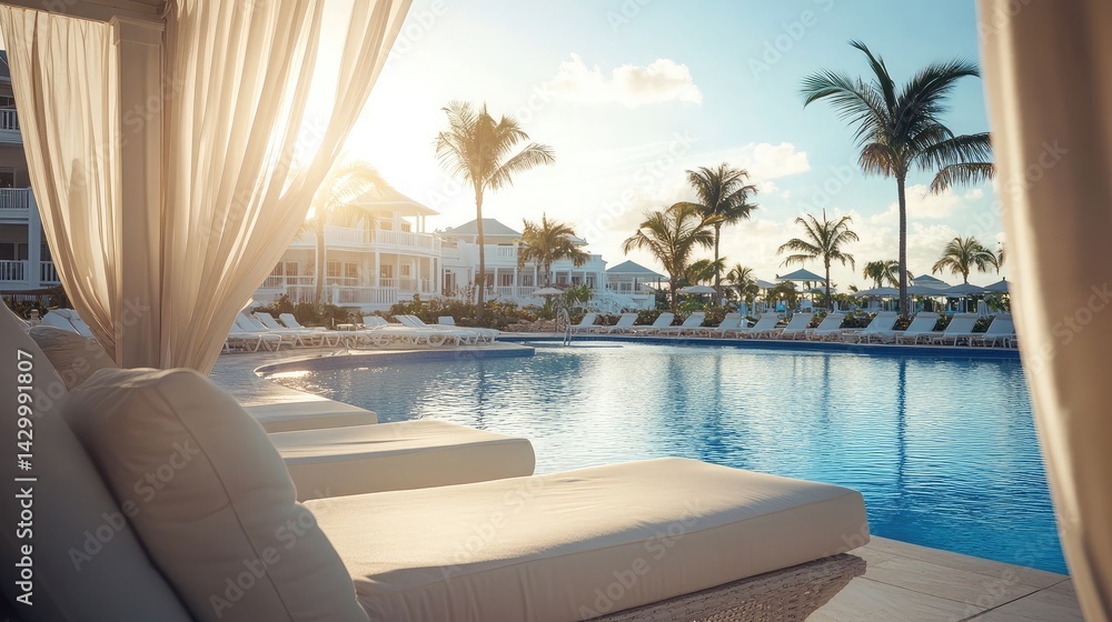 Fototapeta premium Afternoon sun hits cream-colored cabana cushions while white curtains flutter beside a serene pool