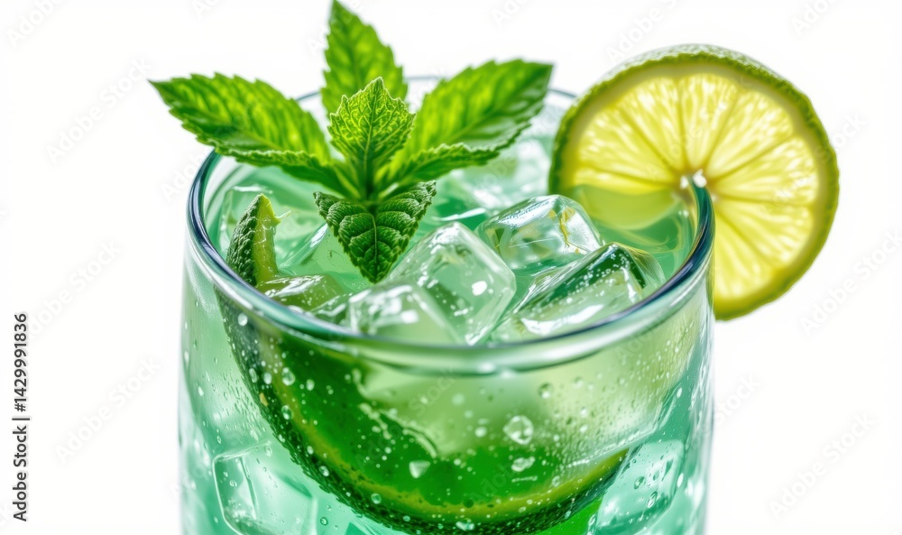 Refreshing Mint Lime Cocktail with Ice Garnished with Fresh Mint Leaves and Lime Slice Refreshing Mint Lime Cocktail with Ice Garnished with Fresh Mint Leaves and Lime Slice