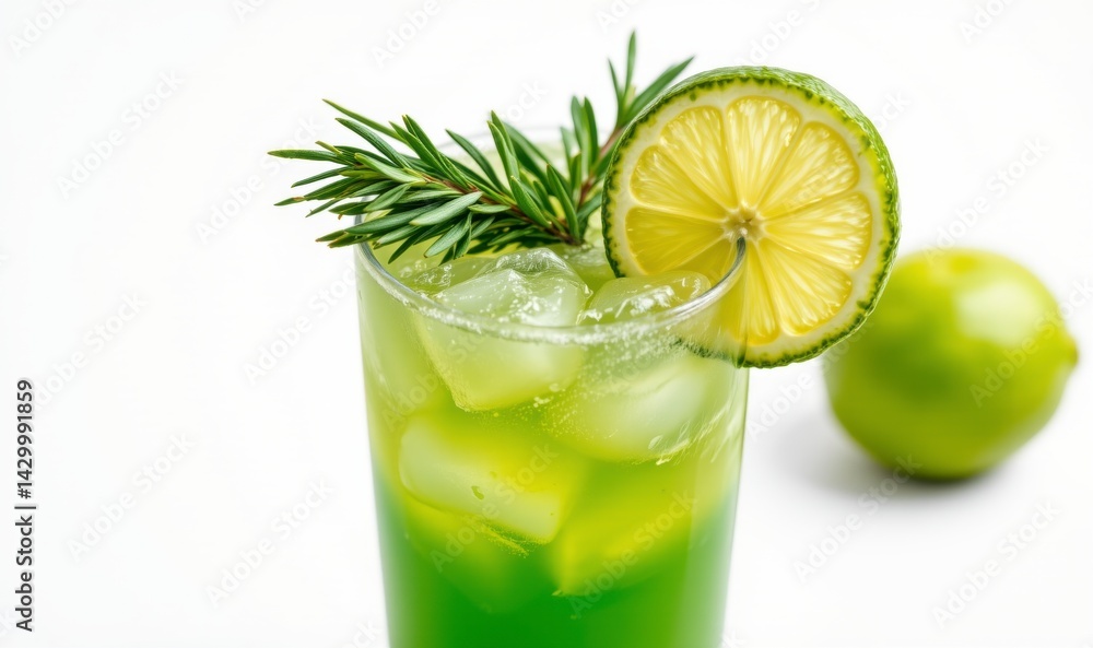Fototapeta premium Refreshing Green Citrus Drink Garnished with Lime and Rosemary on a Bright Background