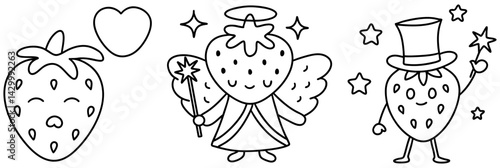 Cute strawberry characters in cartoonish style showcase joy and whimsy with playful expressions and magical themes