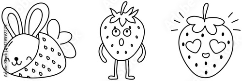 Cute cartoonish characters featuring strawberry bunny, surprised strawberry, and strawberry with heart eyes bring joy