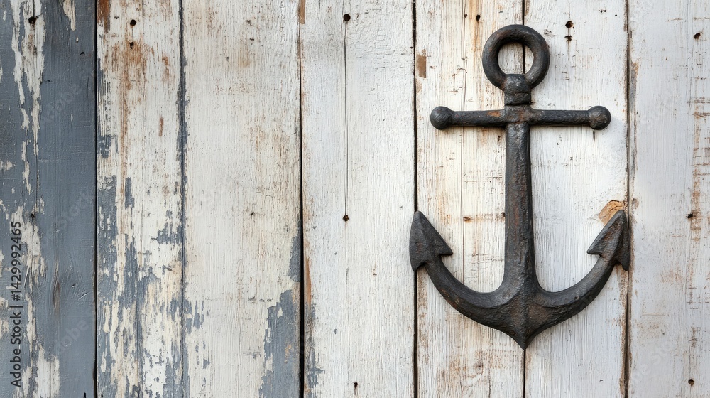 A maritime decorative scene with soft natural light on rustic wood and metal anchor A maritime decorative scene with soft natural light on rustic wood and metal anchor