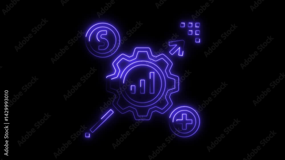Neon business and finance concept animated graphics with dollar,gear,bar chart,and arrow on dark background Neon business and finance concept animated graphics with dollar,gear,bar chart,and arrow on dark background