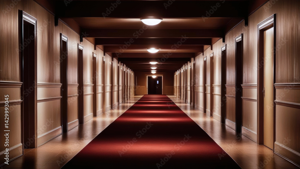 long corridor with doors on either side creates sense of stagnation in economy of this quiet space long corridor with doors on either side creates sense of stagnation in economy of this quiet space