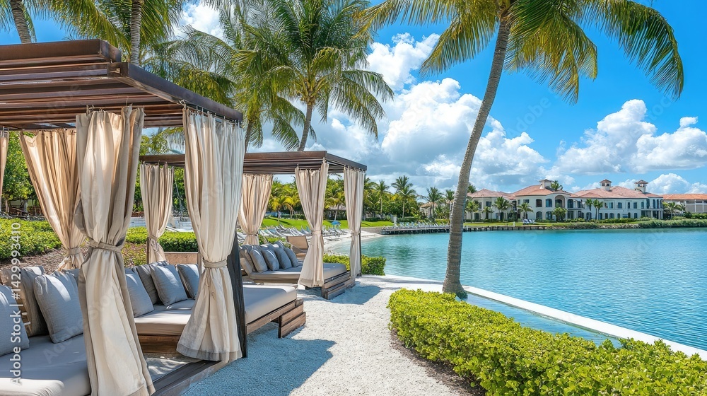 Fototapeta premium Calm resort scene with breeze-kissed curtains and plush cushions arranged inside sunny cabanas by the water
