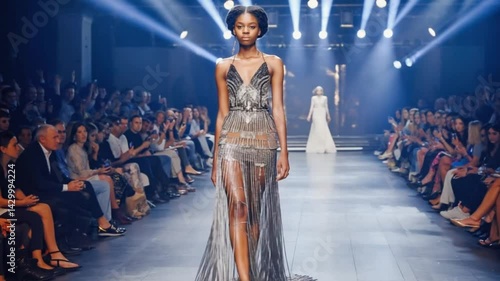 Fashion model in shimmering gown on runway.