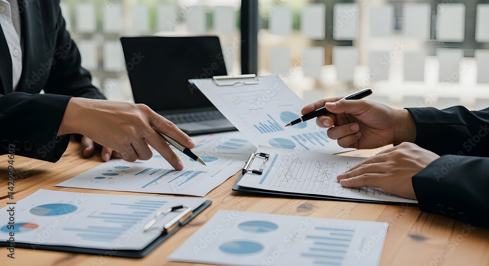 Obraz premium Reunión de personas de negocios para analizar, discutir y generar ideas sobre los datos del gráfico del informe financiero en la oficina. Trabajo en equipo del asesor financiero y concepto de contabil