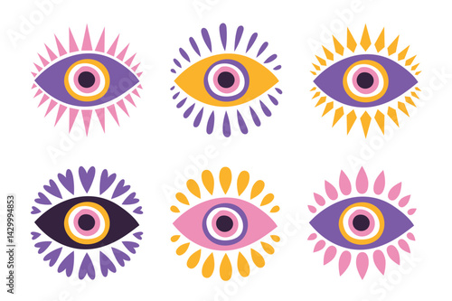 Collection of evil eye icons, nazar. Protective amulet used in Mediterranean cultures, Hand drawn protective talisman in shades of pink and purple, boho style designs..eps