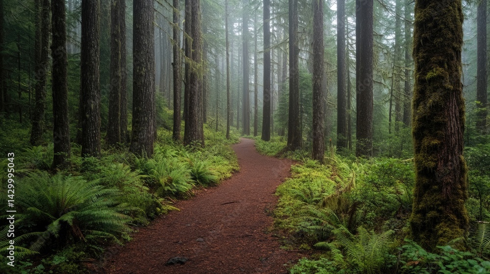 Fototapeta premium A foggy forest path, lined with ancient trees and surrounded by vibrant green ferns and moss.