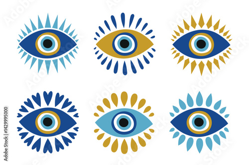 Evil eye, nazar icon collection. Protective amulet used in Mediterranean cultures such as T?rkiye, Pakistan and Greece. Vector illustration in blue and yellow tones.eps