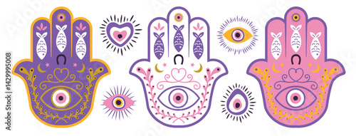 Hamsa set, hand of Fatima, soret and protection amulets set hand drawn. Exoteric and spiritual icons. For print, pattern, decoration. Vector illustration.eps