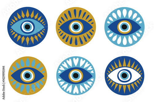 Icons of talismans for evil eye. Turkish or Greek symbols. Nazar, magic amulet, exoteric. Hand drawn blue mystical icons. Isolated vector illustration in doodle style..eps