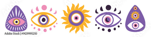 Set of evil eyes, nazar, hamsa. Esoteric protective icons with sun, moon and stars. Various shapes of talismans in shades of purple and pink. Boho style.eps