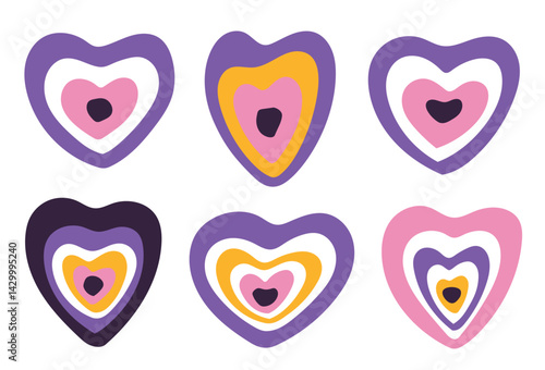 Set of evil eyes, nazar, in heart shape. Talisman of protection and luck, exotic amulet. Editable vector illustration. Boho art, for prints, stickers, posters.eps